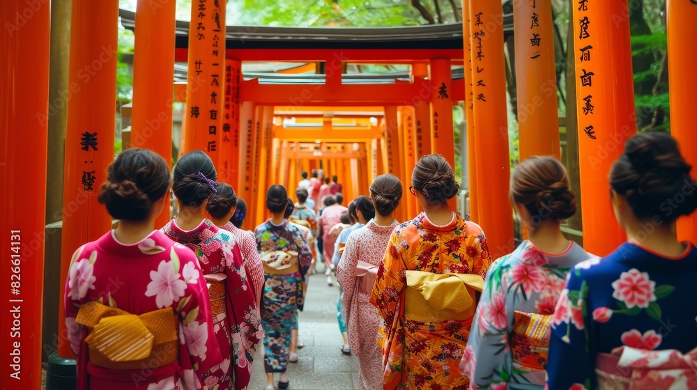 Group of women in colorful traditional Japanese kimonos Group of women in colorful traditional Japanese kimonos