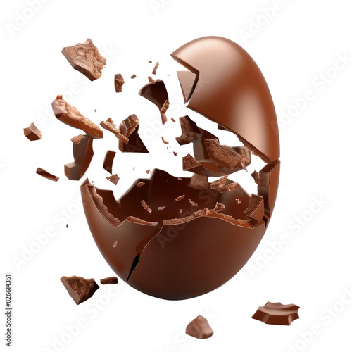 Broken chocolate egg with pieces flying in mid-air