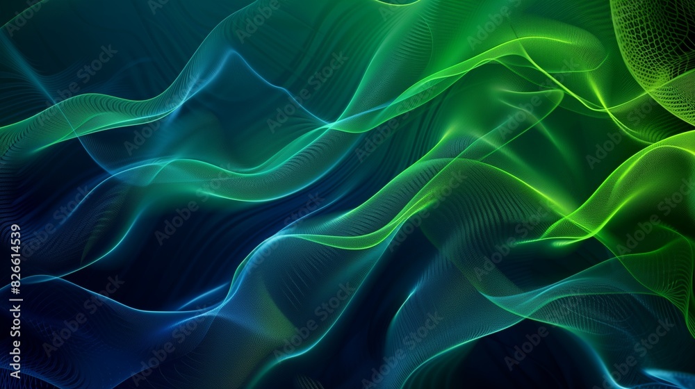 : An elegant and modern dark mesh gradient background flowing from deep green to royal blue, overlaid with a sophisticated wave pattern that creates a sense of continuous motion and fluidity.