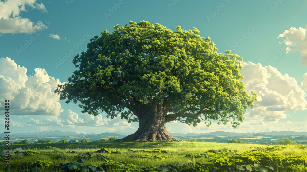 A majestic tree with lush green leaves on a grassland. A majestic tree with lush green leaves on a grassland.