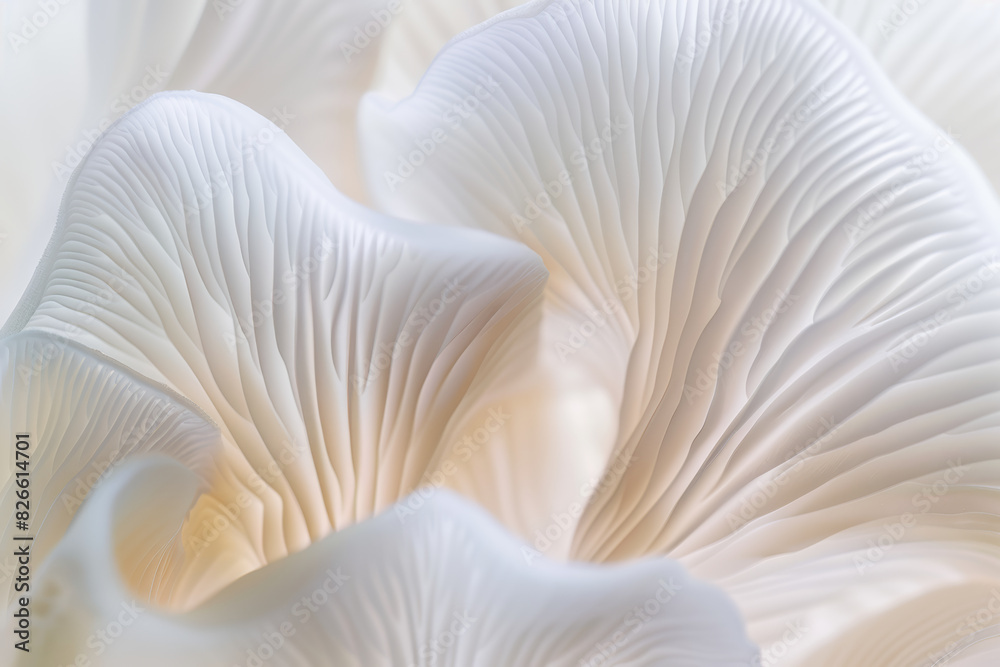 Close Up of Delicate White Mushroom Gills in Natural Light Textured Organic Patterns Close Up of Delicate White Mushroom Gills in Natural Light Textured Organic Patterns