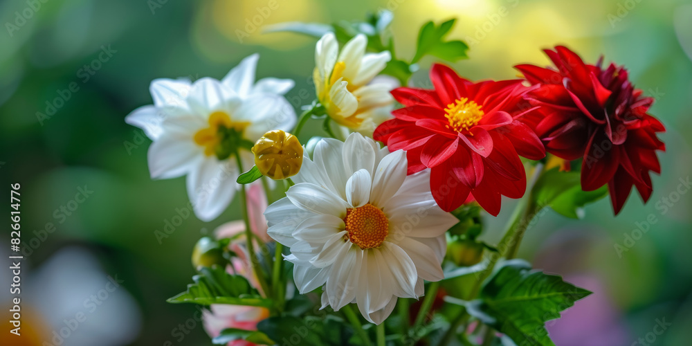 Vibrant Bouquet of Red, White, and Yellow Flowers in Natural Sunlight