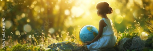 Girl sitting on a rock, holding an educational globe in her lap photo