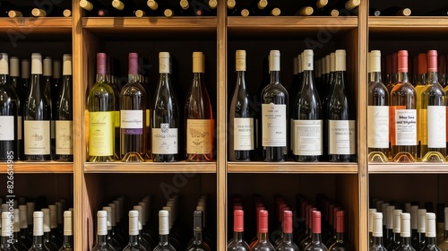 Wine cabinet in a liquor store, with bottles of red and white wine displayed against a background