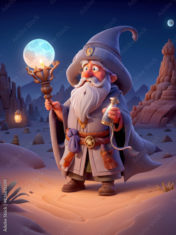 Fototapeta premium A wizard wanders through the desert at night.