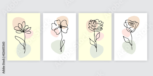 Set of minimalist abstract background with rose flowers line art