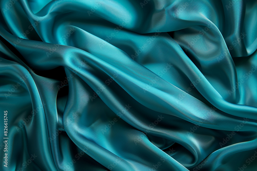 Fototapeta premium Elegant turquoise silk fabric texture abstract, silky waves. Smooth textile background, elegance luxurious design
