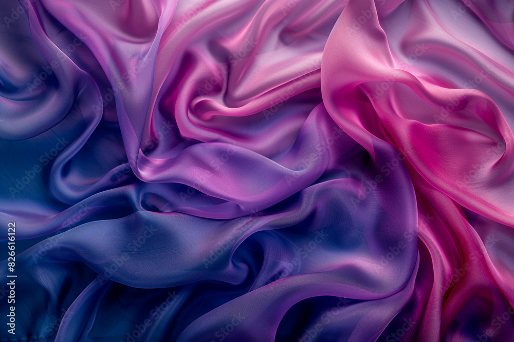 Obraz premium Elegant blue pink purple silk fabric texture abstract, silky waves. Smooth textile background, elegance luxurious design