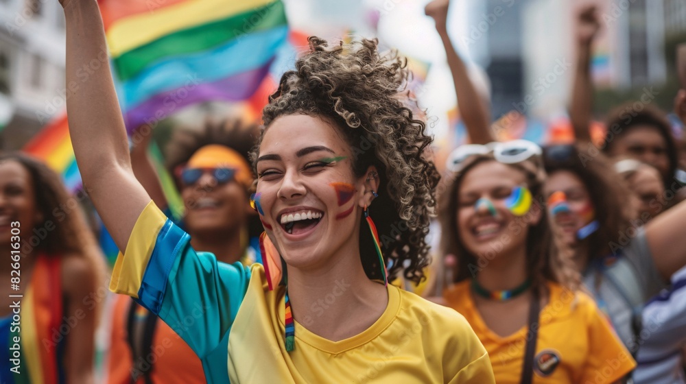 A photo of a group of LGBTQ+ athletes marching in a Pride Parade, wearing their sports uniforms and holding signs that promote inclusivity in sports. A photo of a group of LGBTQ+ athletes marching in a Pride Parade, wearing their sports uniforms and holding signs that promote inclusivity in sports.