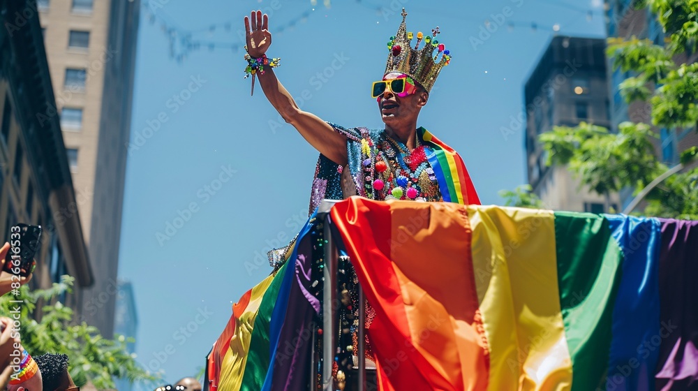 Naklejka premium A photo of a person wearing a rainbow-colored cape and a crown, standing on a platform and waving to the crowd during a Pride Parade.