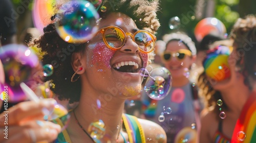 A photo of a person blowing bubbles in rainbow colors, while surrounded by smiling people at a Pride Parade.