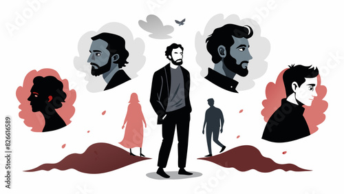 A series of ink wash paintings depicting a person struggling with their identity and sense of self with each painting showcasing a different aspect of. Vector illustration