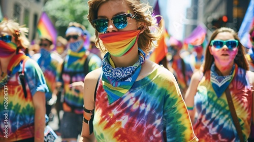 A photo of a group of people marching in a Pride Parade  wearing matching rainbow-colored tie-dye shirts and bandanas.