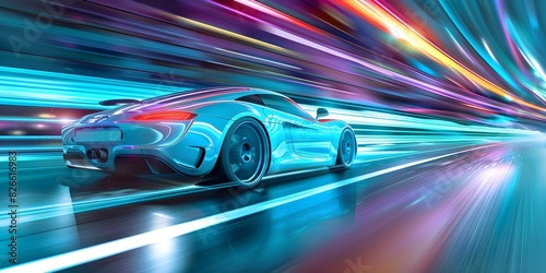 Neonlit highway with fast sports car racing under colorful lights at night. Concept Nighttime Photography, Fast Cars, Neon Lights, Urban Landscapes, High Speed Racing