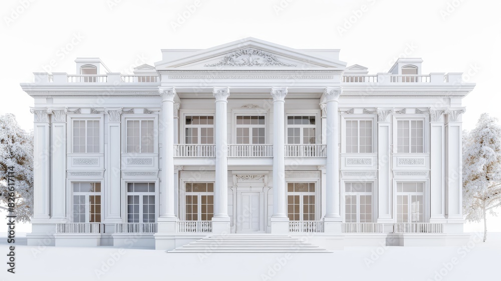 Realistic 3D rendering of a white grand villa with detailed features, isolated on a white background (copy space, high-end property, futuristic, Composite, plain backdrop)