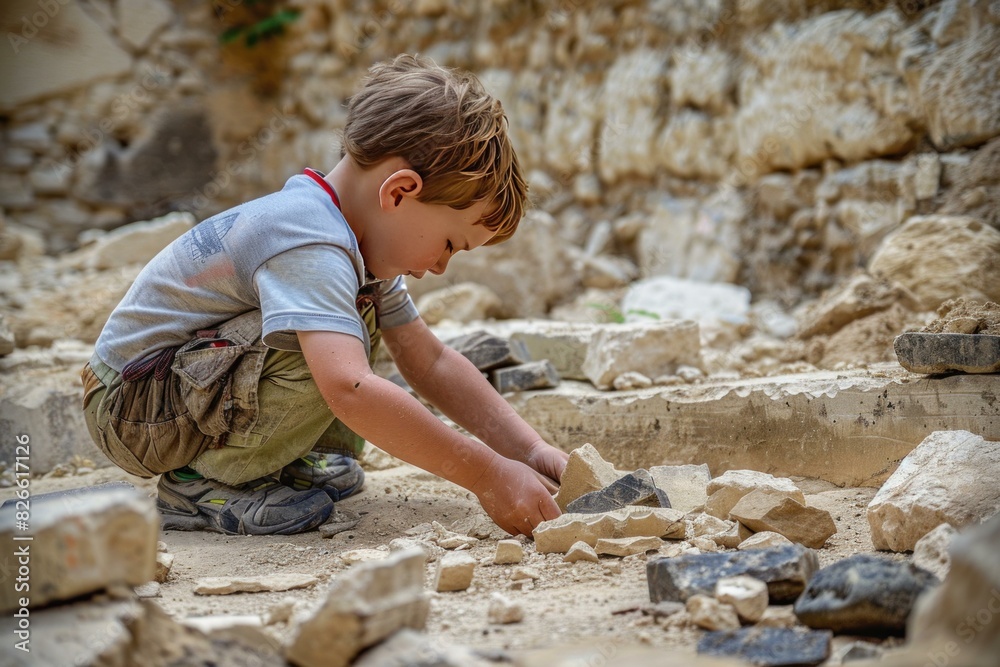 Curious child playing with rocks at a simulated archaeological site, exploring and learning Curious child playing with rocks at a simulated archaeological site, exploring and learning