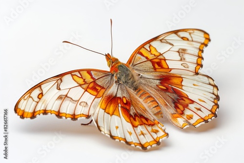 A butterfly with orange and white wings is laying on a white background photo