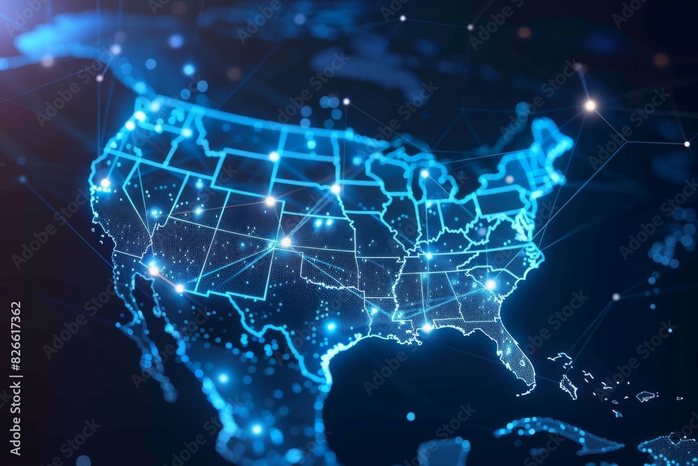 Digital map of america network connectivity created with generative ai Digital map of america network connectivity created with generative ai
