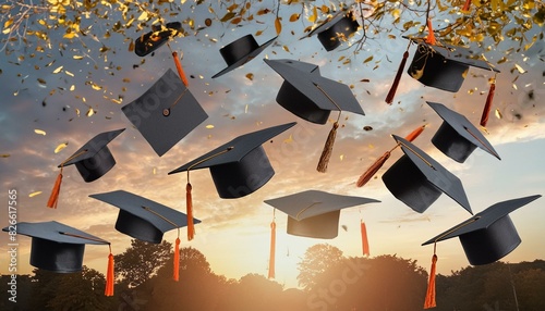 A group of graduation caps being thrown in the air with confetti.