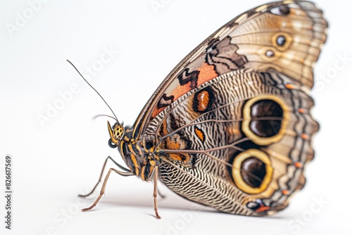 A butterfly with orange and brown wings is standing on a white background photo