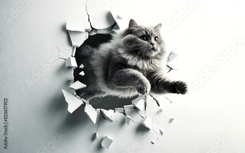 A Chartreux cat breaks through the white wall of a room