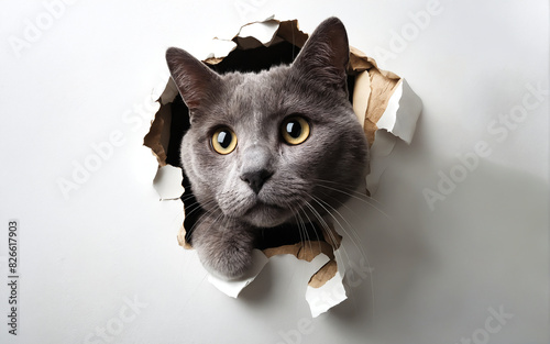 A Chartreux cat breaks through the white wall of a room