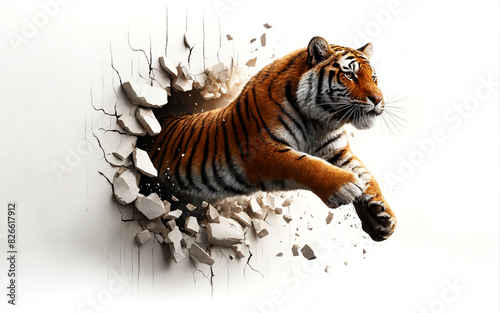 A tiger breaks through the white wall of a room