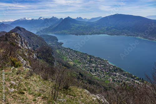 Wonderful views on a walk above the picturesque Lake Annecy. Route along the ridge from Mont Veyrier to Mont Baron from Annecy. Annecy  Haute-Savoie  France.