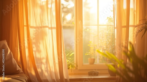 Soft rays of morning sunlight filtering through open window curtains