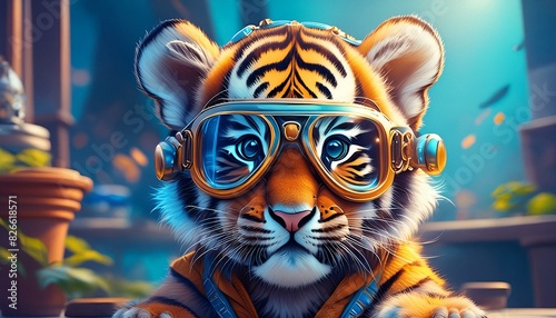 A baby tiger with goggles looking innocent  photo
