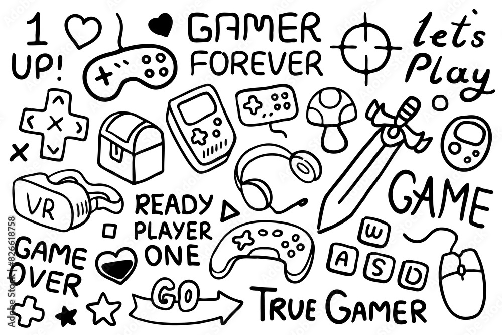Video game illustrations set. Video game devices, icons, items black line art, outline illustrations and lettering sayings for gamers