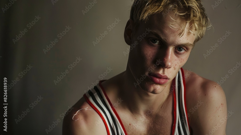Portrait of a blond man in a striped tank top in a studio setting Portrait of a blond man in a striped tank top in a studio setting