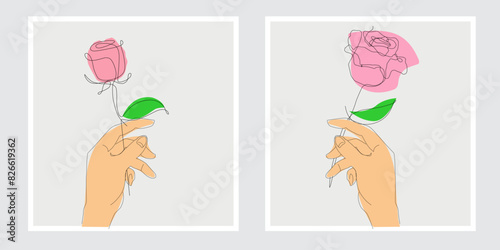 Hand draw vintage hand holding rose flower feminine beauty aesthetic