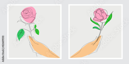 Hand draw vintage hand holding rose flower feminine beauty aesthetic