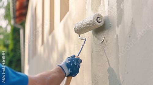 Fototapeta Naklejka Na Ścianę i Meble -  Close-up of a painters hand using a roller to spread fresh white paint on the building's exterior wall
