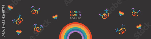 LGBTQ pride month banner template with rainbow flag and gender signs. Gay parade celebration. Vector illustration