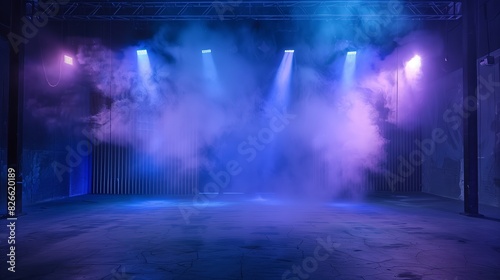 An empty stage  blue and purple lighting  light smoke.