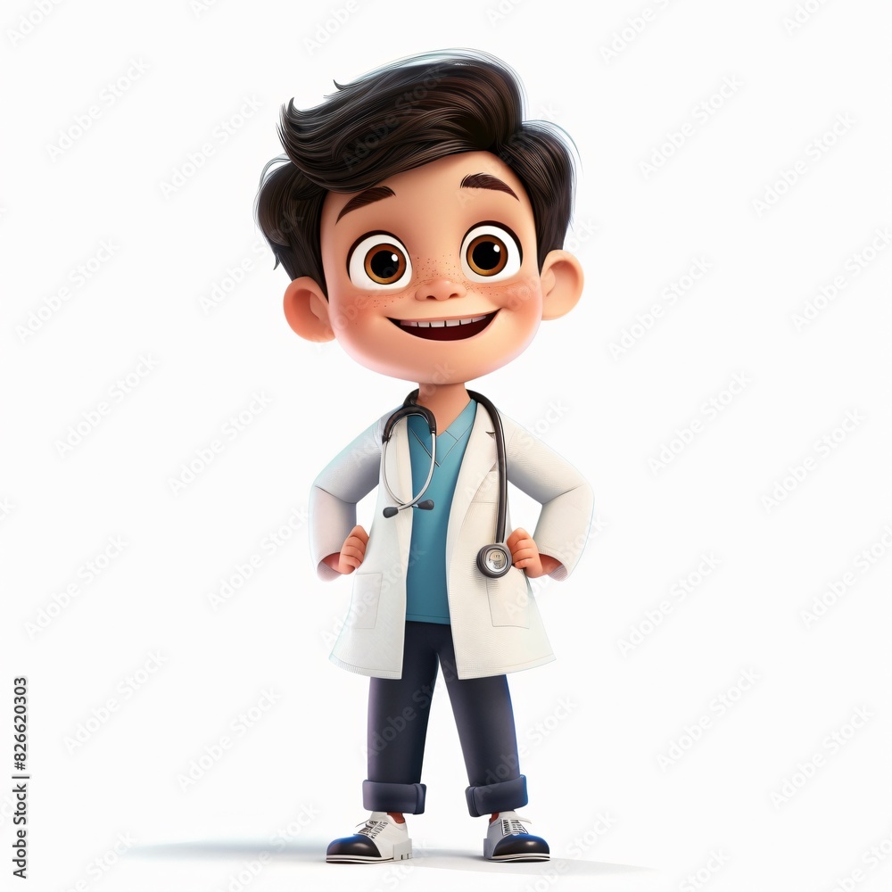 Cute Boy Cartoon in 3D Style Wearing Doctor Clothing, Smiling, Isolated on White Background, Perfect for Medical and Children's Educational Illustrations, Promoting Health and Professional Aspirations Cute Boy Cartoon in 3D Style Wearing Doctor Clothing, Smiling, Isolated on White Background, Perfect for Medical and Children's Educational Illustrations, Promoting Health and Professional Aspirations