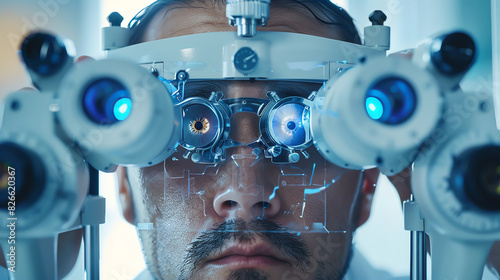 Ophthalmologist conducting an eye exam with specialized equipment photo