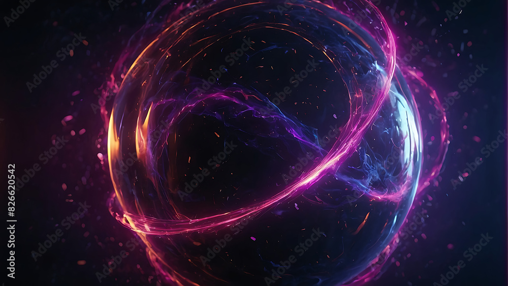 Abstract neon energy sphere with a hollow circle in the center with pulsing majestic energy particles dancing around the outline of the circle sphere on a dark background
