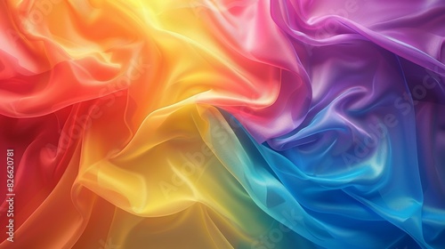 A vibrant and colorful fabric-like background with flowing textures and a rainbow gradient.