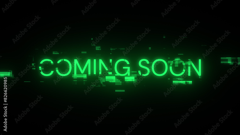 3D rendering coming soon text with screen effects of technological glitches 3D rendering coming soon text with screen effects of technological glitches