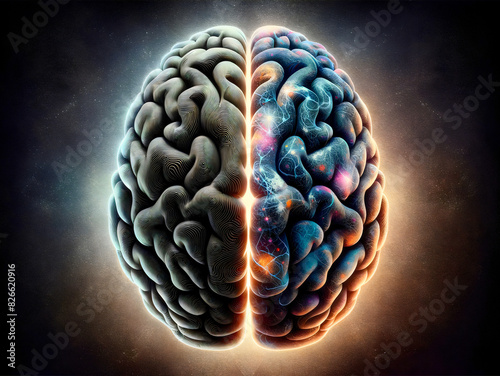 An abstract visual representation of a split brain symbolizing schizophrenia, issues of mental health and art