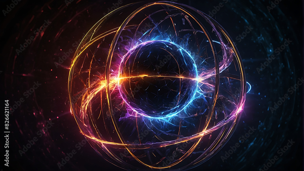 Obraz premium Abstract neon energy sphere with a hollow circle in the center with pulsing majestic energy particles dancing around the outline of the circle sphere on a dark background