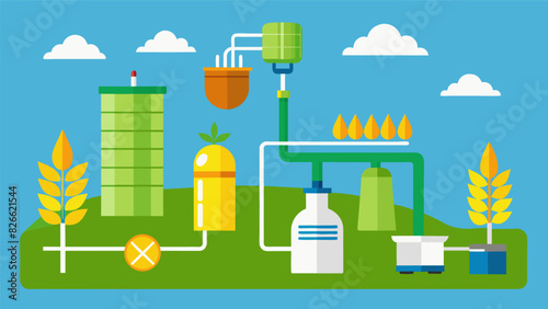 An aerial view of a biorefinery where corn is transformed into ethanol through biochemical conversion processes.. Vector illustration