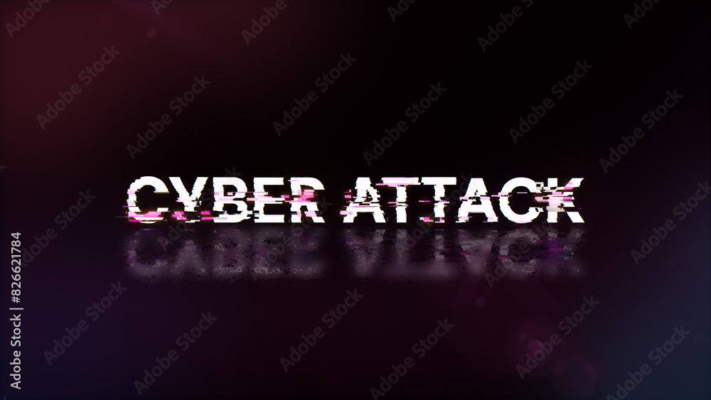 3D rendering cyber attack text with screen effects of technological glitches