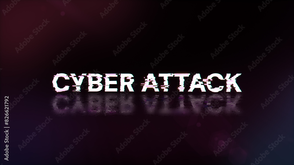 3D rendering cyber attack text with screen effects of technological glitches