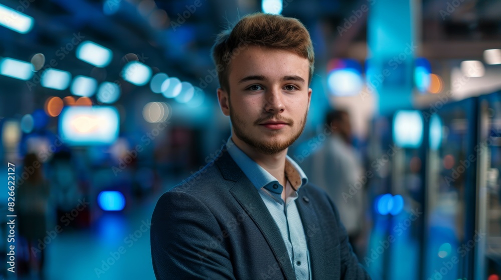 A man in a suit is standing in a dimly lit room, business people concept A man in a suit is standing in a dimly lit room, business people concept