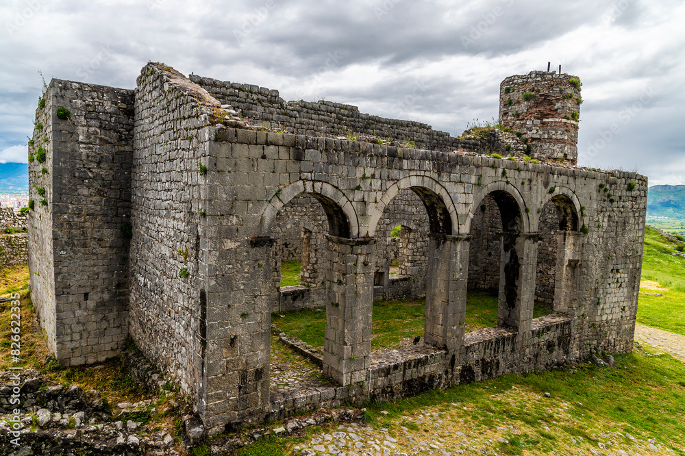 A close up view of a church in Rozafa castle above Shkoder in Albania in summertime