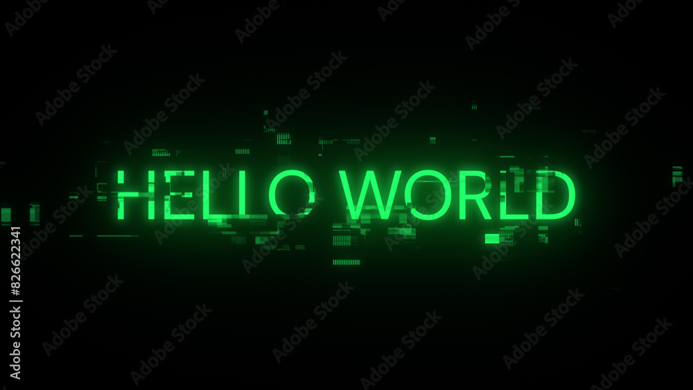 Obraz premium 3D rendering hello world text with screen effects of technological glitches